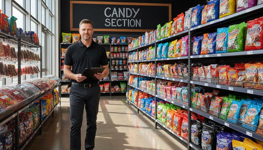 Retailer reviewing wholesale candy display