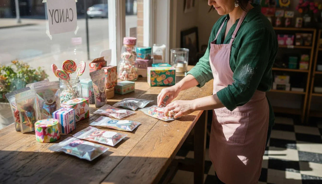 Small business owner arranging candy packaging types