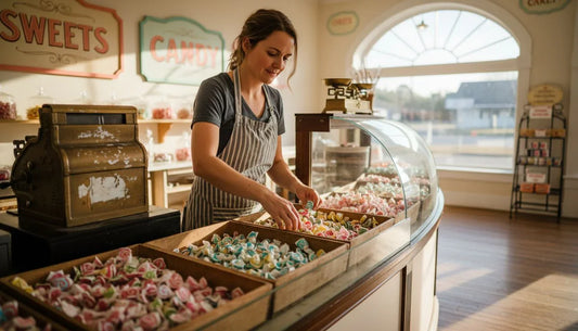 Shopkeeper arranging Russell Stover salt water taffy in display