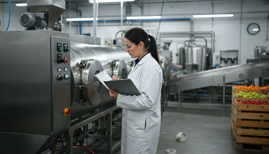 Manager inspecting snack freeze dryer in facility