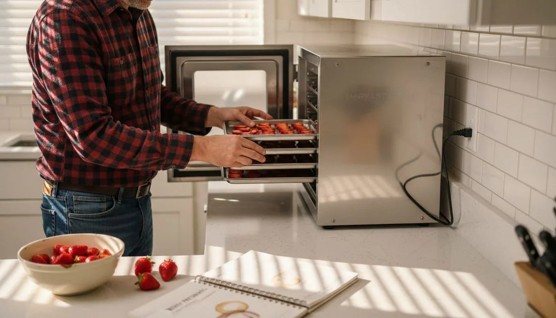 Man loading food into home freeze dryer