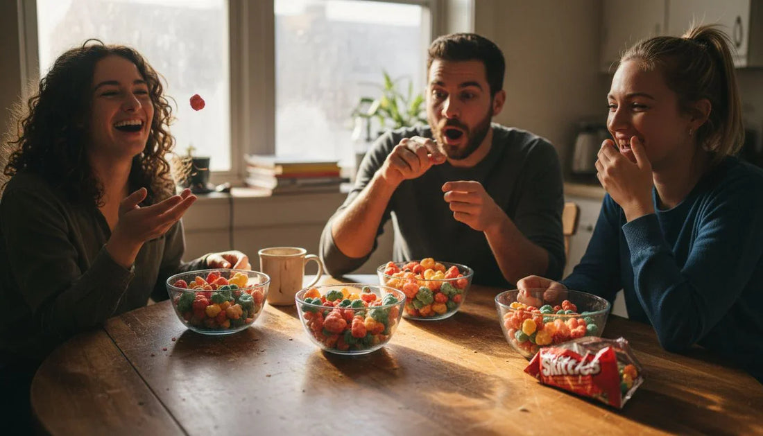 Friends tasting freeze dried Skittles at table