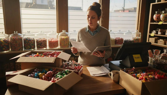 Store manager reviewing bulk candy order