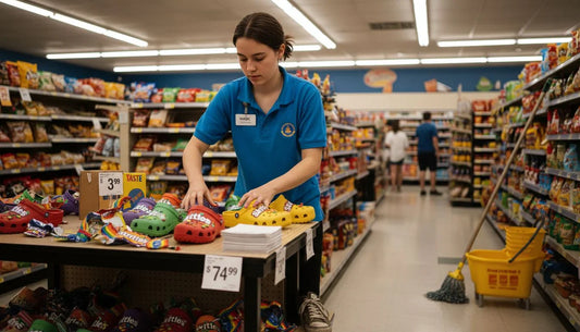 Store associate arranging Skittles Crocs candy display
