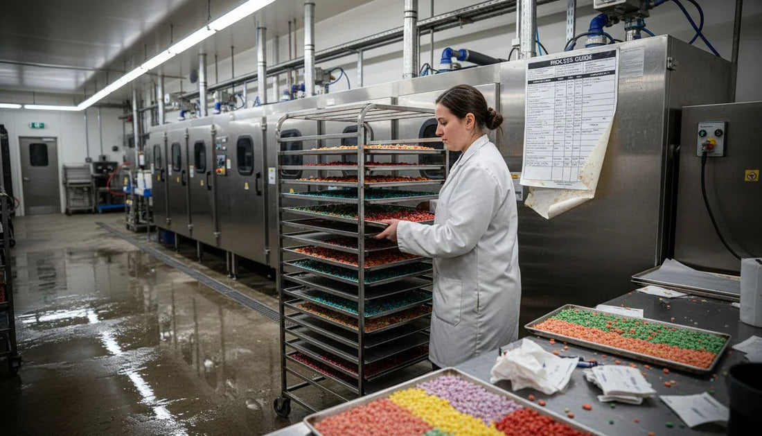 Worker moving trays in freeze-dried candy factory