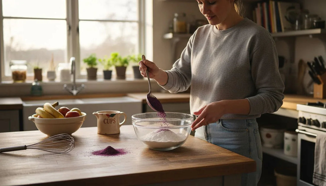 Home baker measuring blueberry powder in kitchen