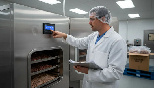 Technician inspects freeze dried meat trays
