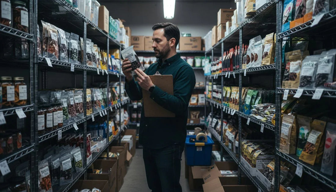 Retail manager checks freeze dried fruit shelf