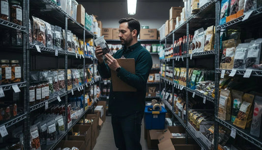 Retail manager checks freeze dried fruit shelf