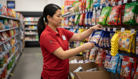 Store manager arranging candy pouch packaging on shelf