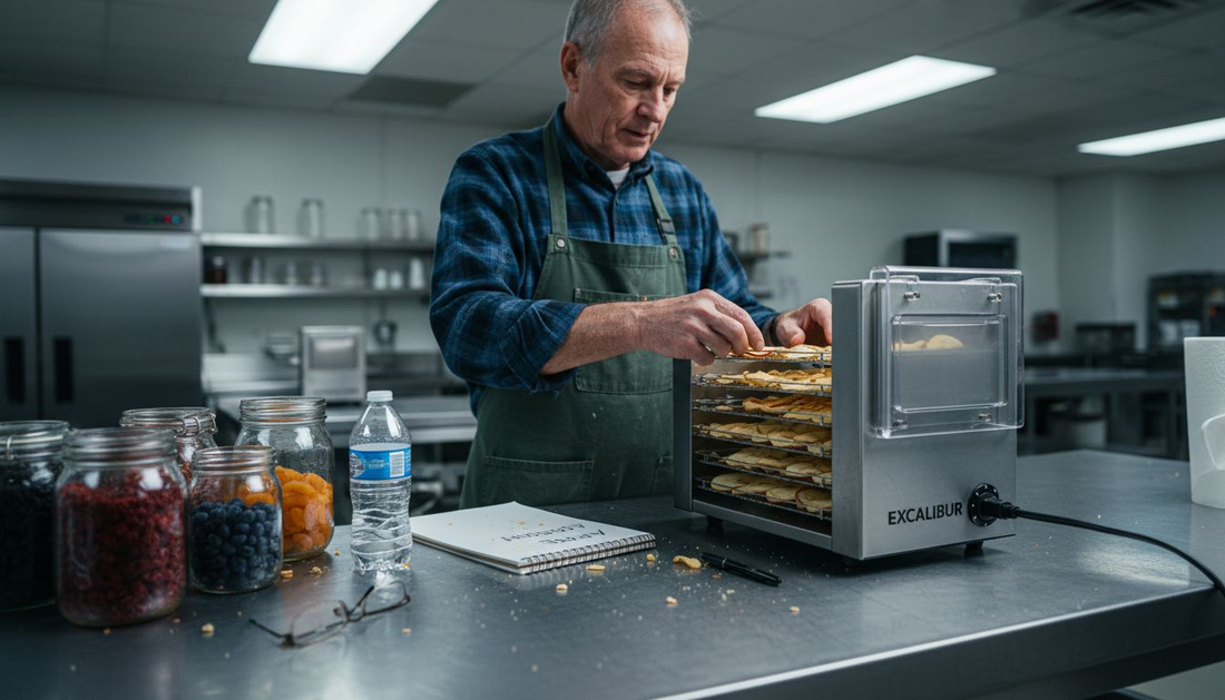 Food technician preparing dehydrated fruit