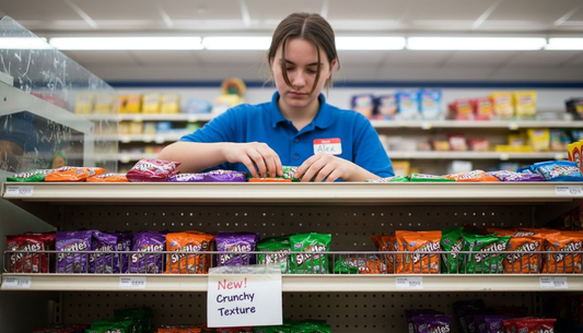 Store employee stocking Skittles mini packs on shelf
