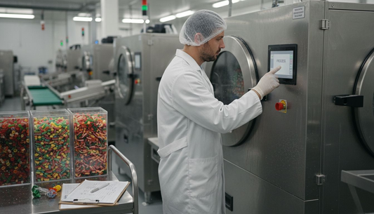 Technician checks freeze dryer in candy facility