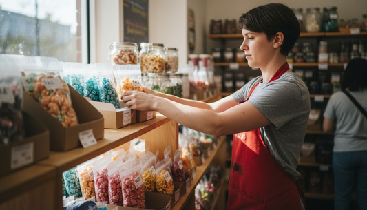 Employee arranging freeze-dried candy packages