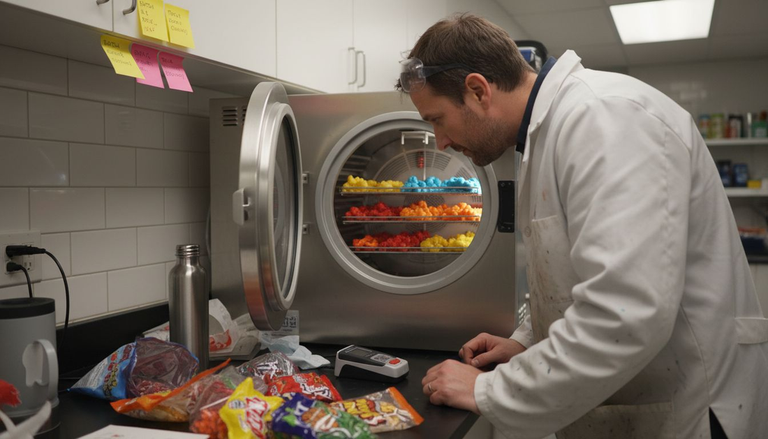 Technician inspecting candy freeze dryer process