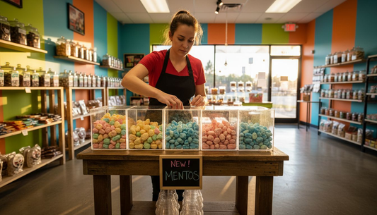 Candy shop manager arranging freeze-dried Mentos display