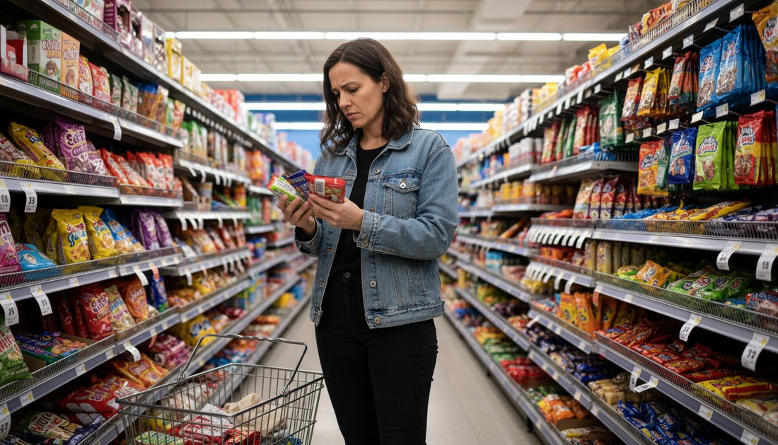 Woman comparing nutrition facts on candy labels