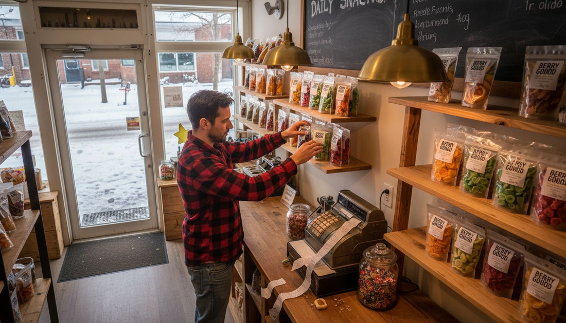Shopkeeper arranging freeze-dried snacks on shelves