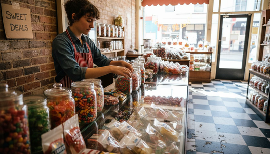 Candy shop worker arranging assorted plastic packaging