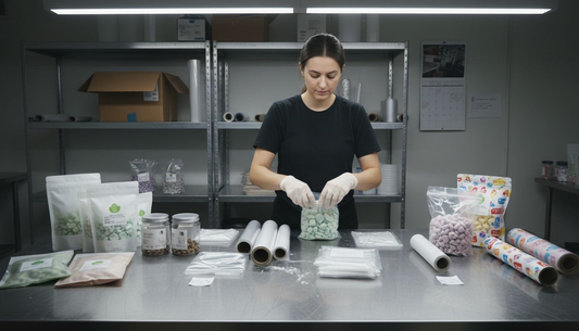 Technician displaying types of freeze-dried candy packaging