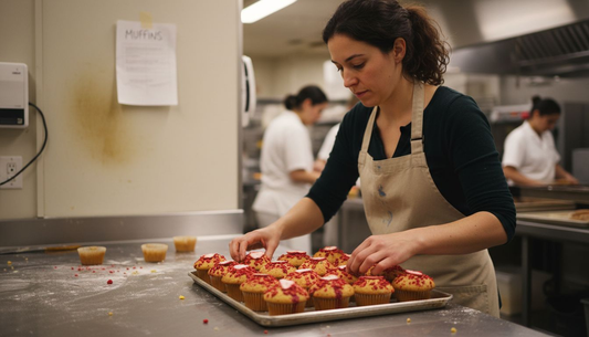 Baker arranging muffins with freeze dried fruit