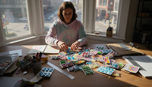 Designer examining blister pack candy packaging