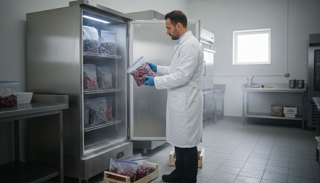 Scientist checking frozen food quality