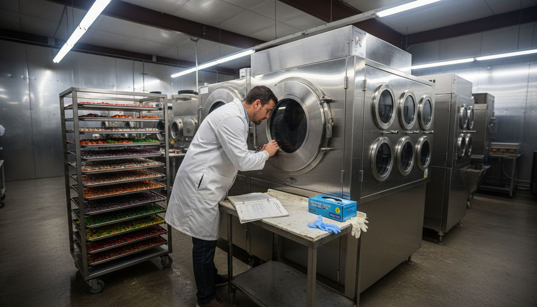 Technician using commercial lyophilizer for candy