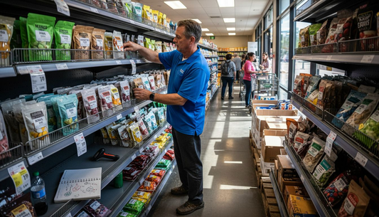 Grocer stocking freeze dried fruit on shelves