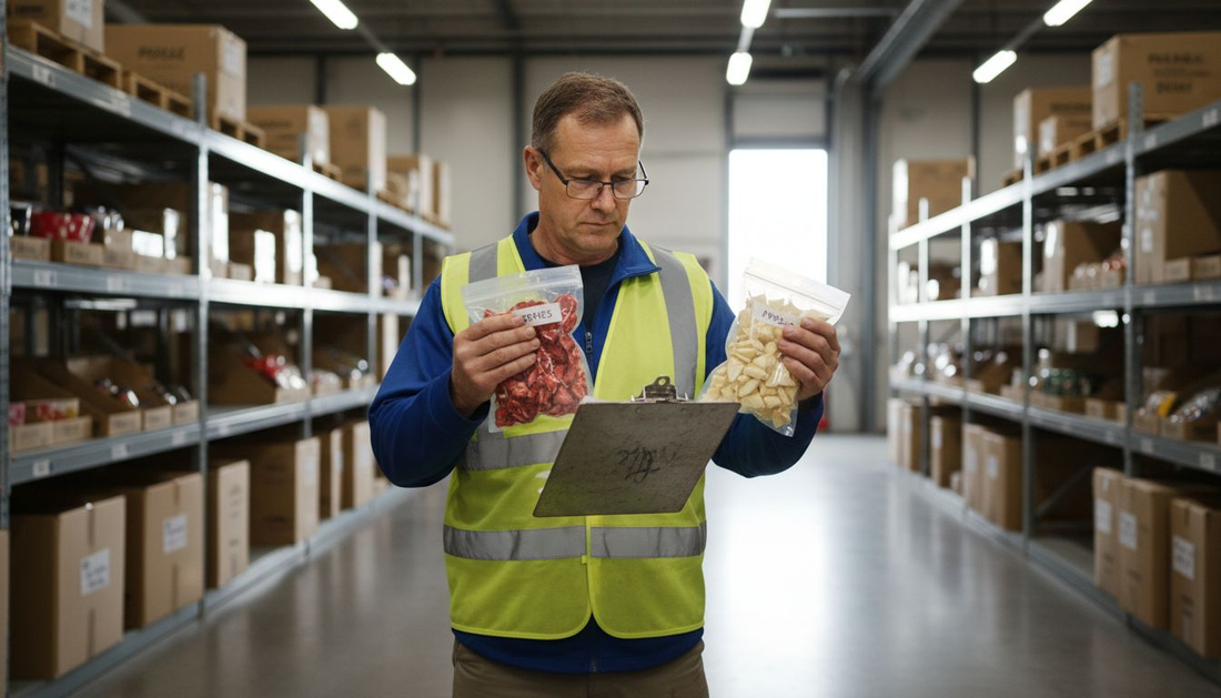 Warehouse worker inspecting freeze dried fruit inventory
