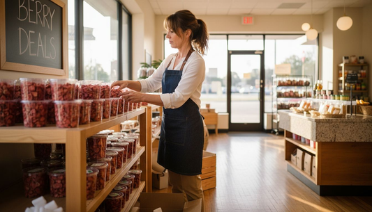 Retail manager stocking freeze dried strawberries