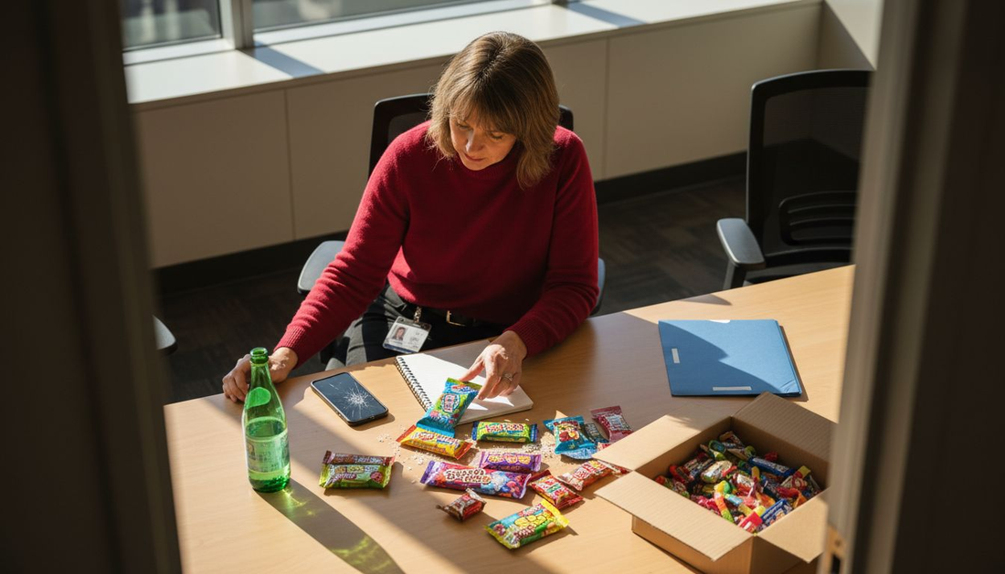 Product manager reviewing candy packaging designs