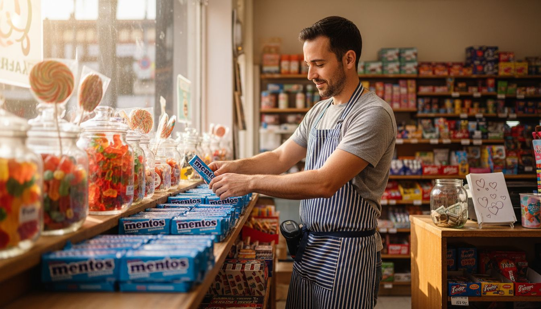 Candy shop owner arranging Mentos Blue display