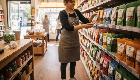 Eco-friendly candy packaging on store shelf