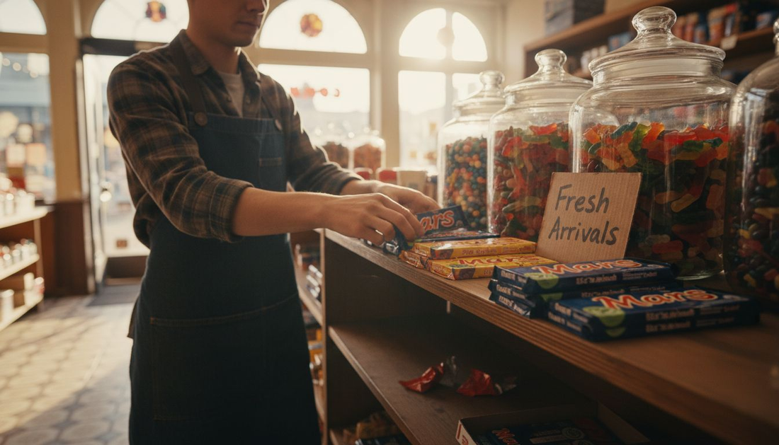 Candy shop staff arranging Mars chocolate displays