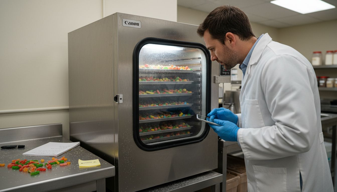 Technician checking freeze dryer machine for candy