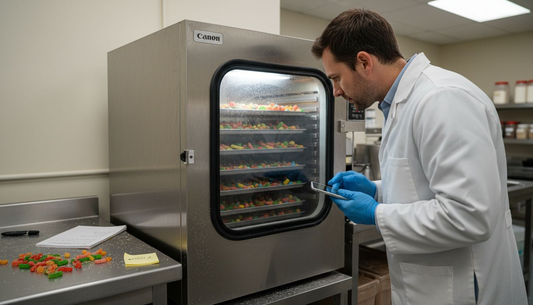 Technician checking freeze dryer machine for candy