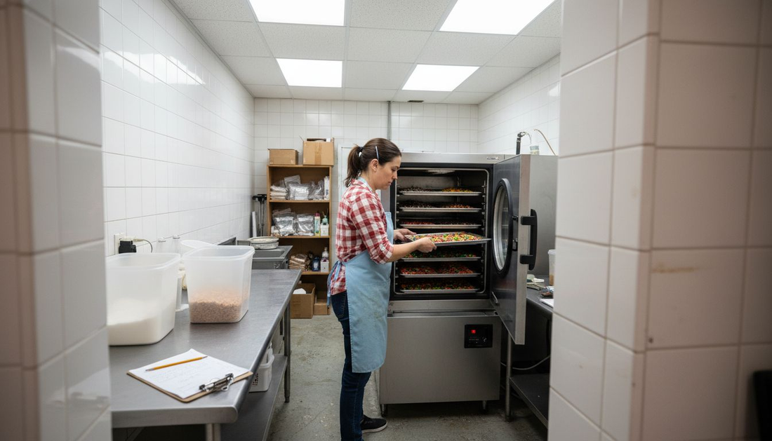 Candy shop owner arranging trays on freeze dryer
