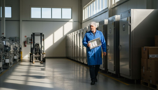 Production manager in frozen food factory aisle