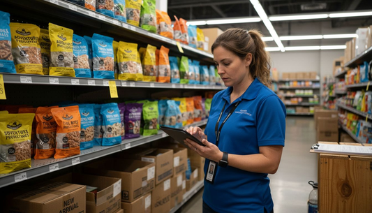 Retail manager checks freeze dried food stock