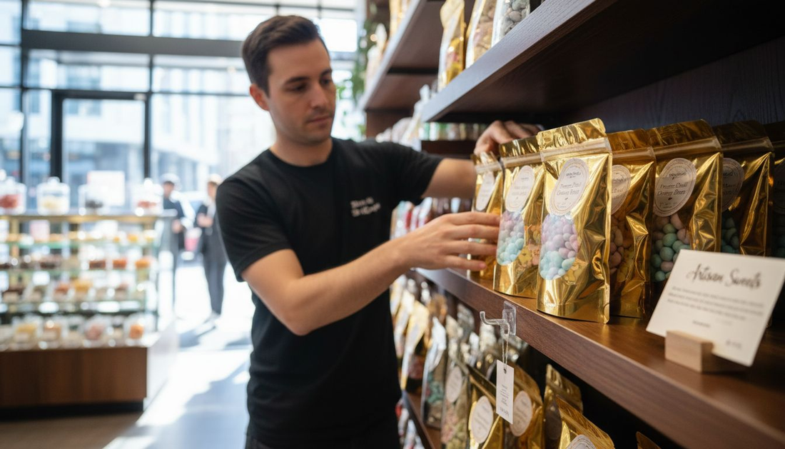 Retail display of gourmet freeze-dried candy packaging