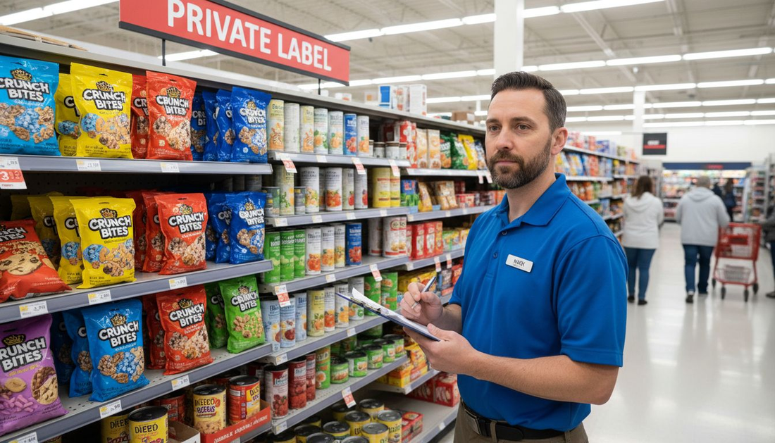 Manager checks private label shelf in supermarket