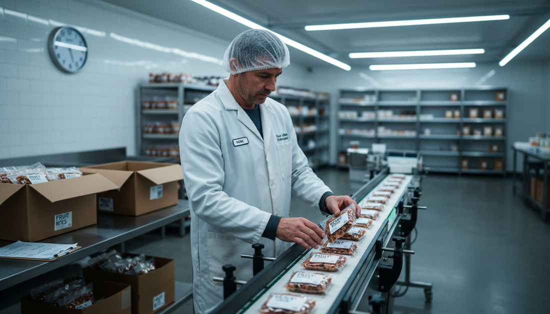 Manager inspecting specialty food packaging line