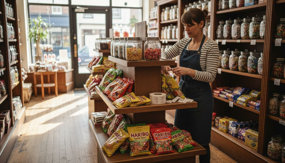 Shopkeeper arranging Haribo sweet bags display