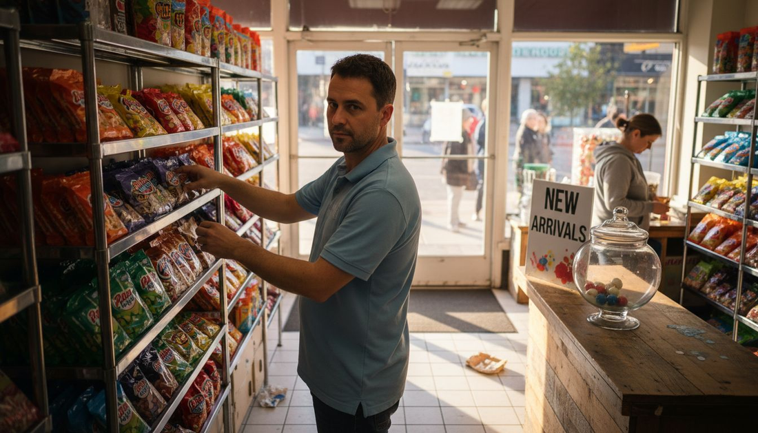 Manager arranging candy shelves by store entrance