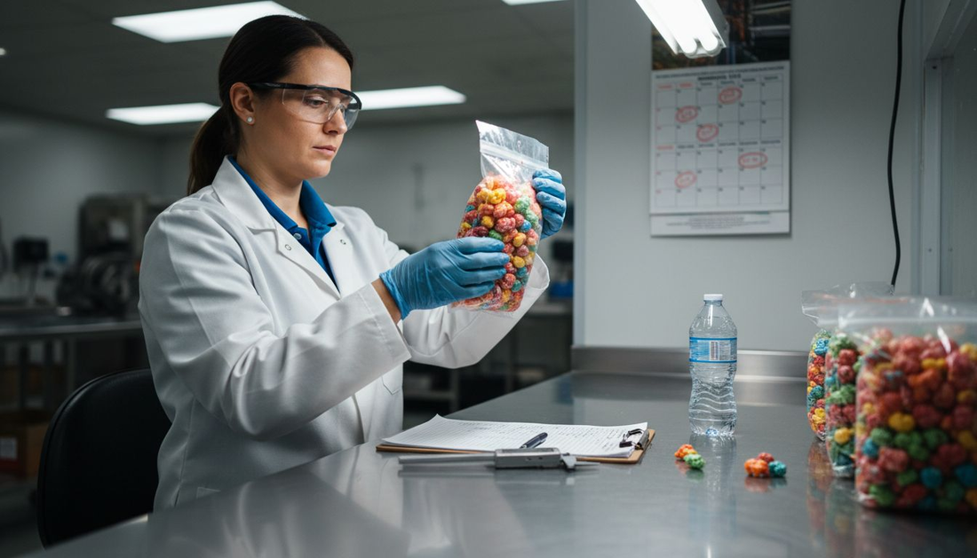 Quality inspector checking freeze-dried candy packaging