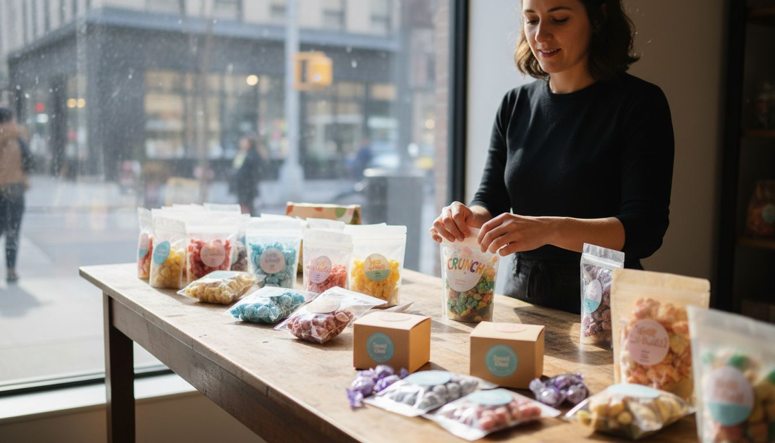 Arranging freeze dried candy packaging options