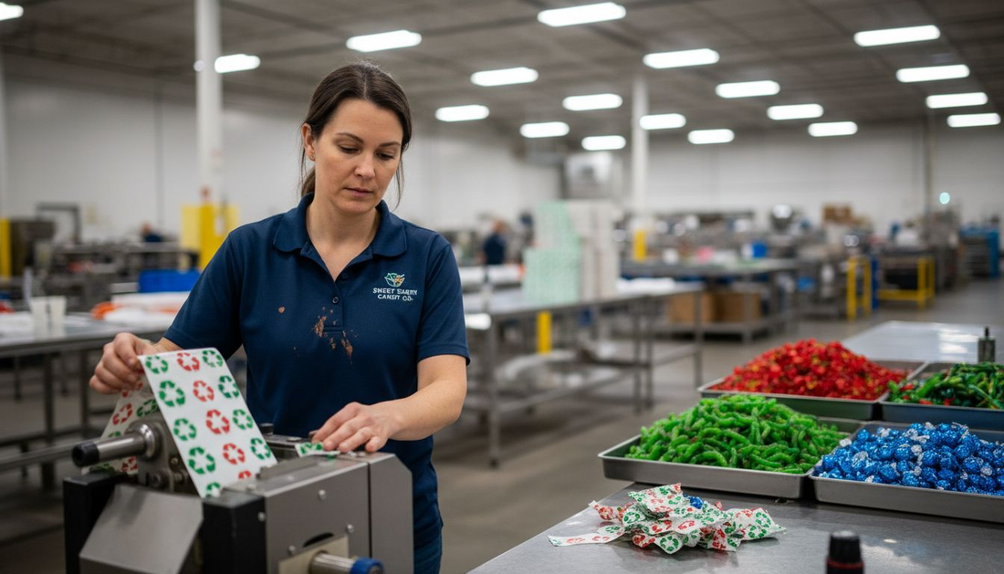 Candy factory manager with green packaging