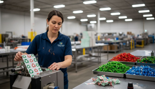 Candy factory manager with green packaging