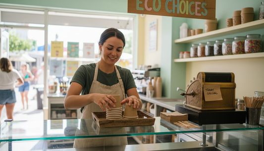Ice cream shop owner with sustainable packaging